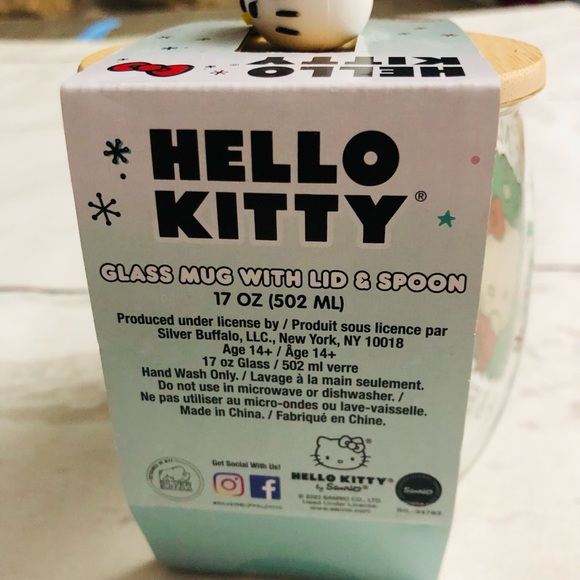 New Sanrio Hello Kitty Glass Mug Christmas Holiday Wood Lid Spoon Cup Handle - Picture 5 of 6
